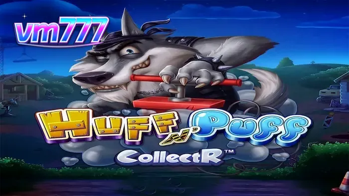 Tampilan visual slot Huff N' Puff CollectR dengan tema babi dan serigala.